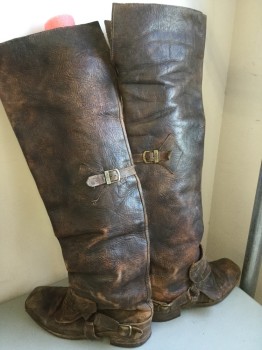 Mens, Historical Fiction Boots , FOX 19, Brown, Lt Brown, Leather, Mottled, 12, Cavalier Boots, Aged/distress, Very Tall with Short Belt with Brass Buckle Back, Embossed Floral Butterfly Leather Flap Front With Stirrup Straps, Square Toe