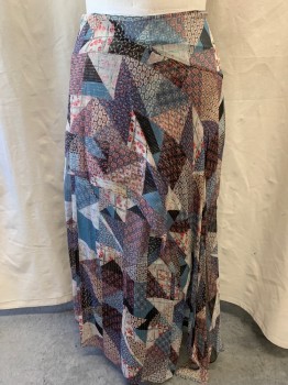 BCBG MAX AZRIA, Ecru, Lt Brown, Blue, Red, Gold, Silk, Floral, Abstract , Metallic Gold Pinstripes, Zip Back, Diagonal Waterfall Ruffle Starting From Right Thigh