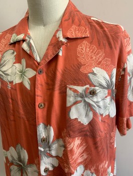 ISLAND SHORES, Brick Red, Off White, Gray, Silk, Hawaiian Print, Floral, Hibiscus Flowers and Palm Fronds, Short Sleeve Button Front, Collar Attached, 1 Patch Pocket with 1 Button Closure