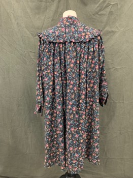 Childrens, Dress 1890s-1910s, N/L, Faded Black, Maroon Red, Pink, Green, Teal Green, Cotton, Floral, 12, Round Yoke with Ruffle, Gathered at Yoke, Band Collar with Maroon Piping, Long Sleeves, Hook & Eyes Cuff, 3 Buttons Back,