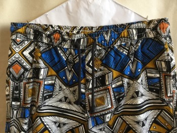 21 MEN, White, Royal Blue, Amber Yellow, Orange, Black, Cotton, Abstract , 2" Waistband with Black D-string Waistband, 1 Pocket Back