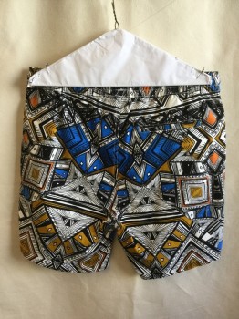 21 MEN, White, Royal Blue, Amber Yellow, Orange, Black, Cotton, Abstract , 2" Waistband with Black D-string Waistband, 1 Pocket Back