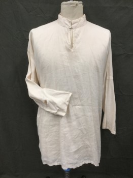 ACADEMY COSTUMES, Off White, Linen, Solid, Mandarin/Nehru Collar, Button Loop at Collar, Keyhole Open Front, Long Shirt, Drop Sleeve, Long Sleeves, Half Sleeve Seam, **Repair at Sleeve, Historical Fantasy