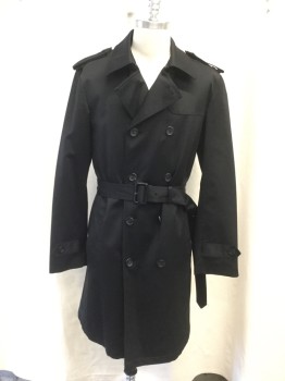 JOS A BANK, Black, Cotton, Nylon, Solid, Double Breasted, Collar Attached, Epaulets, 2 Pockets, Long Sleeves, Button Tab Cuffs, Vented Back Yoke, Belt Loops, Self Buckle Belt, Poly/Wool Detachable Lining