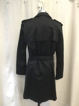 JOS A BANK, Black, Cotton, Nylon, Solid, Double Breasted, Collar Attached, Epaulets, 2 Pockets, Long Sleeves, Button Tab Cuffs, Vented Back Yoke, Belt Loops, Self Buckle Belt, Poly/Wool Detachable Lining
