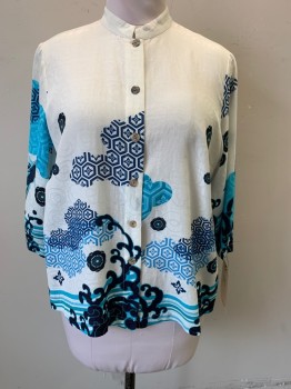Womens, Blouse, CITRON, White, Navy Blue, Turquoise Blue, Lt Blue, Silk, Cotton, Animal Print, Asian Inspired Theme, M, Patterned Clouds and Koi Fish, Long Sleeves, Button Front, Mandarin/Nehru Collar,