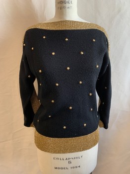 Womens, Sweater, N/L, Black, Gold, Acrylic, Color Blocking, Dots, B34, Black Background with Gold Balls Sewn On, Gold Thick Stripe on Neck, Shoulders, Cuffs, and Waistband, Boat Neck