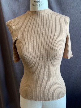 Womens, Top, ANN TAYLOR, Beige, Nylon, Viscose, Solid, S, Mock Neck, Short Sleeves, Ribbed