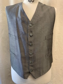 Mens, Vest 1890s-1910s, DOMINIC GHERARDI, Black, Off White, Wool, Silk, Herringbone, 40, V-neck, Single Breasted, Button Front, 4 Pockets, Belted Back
