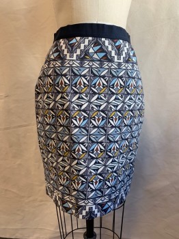 Womens, Skirt, Knee Length, TORY BURCH, Navy Blue, White, Lt Blue, Yellow, Viscose, Nylon, Grid , Abstract , S/P, Navy Elastic Ribbed Waistband, Stretch, Pull-on