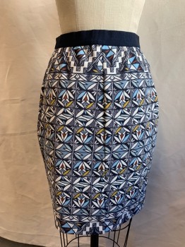 Womens, Skirt, Knee Length, TORY BURCH, Navy Blue, White, Lt Blue, Yellow, Viscose, Nylon, Grid , Abstract , S/P, Navy Elastic Ribbed Waistband, Stretch, Pull-on