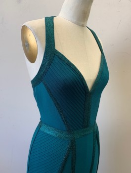 Womens, Cocktail Dress, N/L, Teal Green, Polyester, Spandex, Solid, S, Body-Con Dress, Sparkly Accents Along Seams, Stretchy Material, 1" Wide Halter Straps, Ribbed Knit Panels at Hips and Center Front Bust, Knee Length