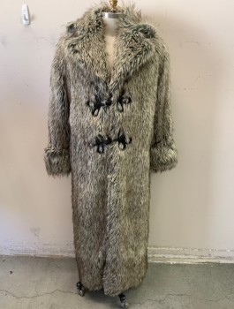 N/L MTO, Lt Brown, Charcoal Gray, Faux Fur, Heathered, Faux Wolf Fur, Notch Lapel, 2 Large Black Frog Closures at Front, Ankle Length, Black Lining, Made To Order