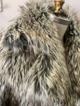 Mens, Coat, N/L MTO, Lt Brown, Charcoal Gray, Faux Fur, Heathered, XL, Faux Wolf Fur, Notch Lapel, 2 Large Black Frog Closures at Front, Ankle Length, Black Lining, Made To Order