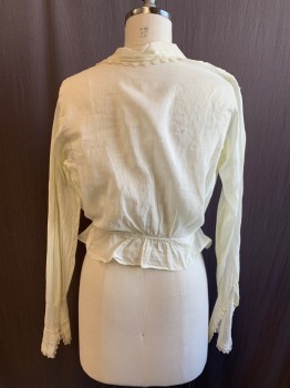 Womens, Blouse 1890s-1910s, BULLOCK'S, Cream, Cotton, Solid, B: 40, Long Sleeves, Button Off Center Front, Sailor Collar with Faggotting Detail and Lace Trim, Center Front Panel with Fagotting Detail, Long Sleeves, Extended Cuff with Lace Trip and Fagotting Detail, Pintuck Pleats at Shoulder, *Small Holes in Right Cuff and at Waistband,