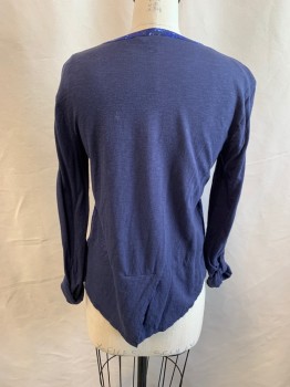 LUCKY BRAND, Navy Blue, Blue, White, Cotton, Modal, Abstract , Paisley/Swirls, Henley, 5 Button Placket, Long Sleeves with Button Tab for Roll Up Sleeve, Cross Over Back Tail, *slight Shoulder Burn*