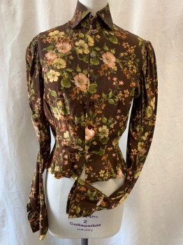 Womens, Blouse 1890s-1910s, MTO, Brown, Olive Green, Lt Yellow, Orange, Coral Orange, Rayon, Floral, W 26, B 34, Button Front, Collar Attached, Long Sleeves