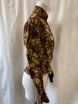 Womens, Blouse 1890s-1910s, MTO, Brown, Olive Green, Lt Yellow, Orange, Coral Orange, Rayon, Floral, W 26, B 34, Button Front, Collar Attached, Long Sleeves