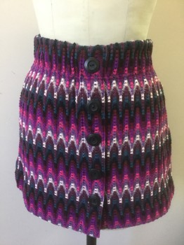 FREE PEOPLE, Multi-color, Purple, Fuchsia Pink, Black, Teal Blue, Acrylic, Polyester, Zig-Zag , Chevron, Crochet, 2.5" Wide Elastic Waistband, Large Black Buttons Down Center Front, Hem Mini