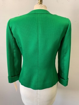 Womens, Blazer, TAHARI, Kelly Green, Polyester, Rayon, Solid, Basket Weave, 2, Jewel Neck, Cuffed Sleeves, 4 Gold Shamrock Looking Button Front,