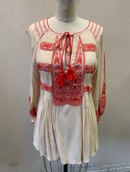 FREE PEOPLE, Ecru, Red, White, Cotton, Peasant Blouse, Gauze, 3/4 Sleeves, Red and White Embroidered Appliques, Smocked Cuffs and Shoulders/Neck, Round Neck with Red Corded Ties with Tassles, Keyhole Center Front Neck