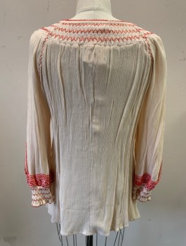 FREE PEOPLE, Ecru, Red, White, Cotton, Peasant Blouse, Gauze, 3/4 Sleeves, Red and White Embroidered Appliques, Smocked Cuffs and Shoulders/Neck, Round Neck with Red Corded Ties with Tassles, Keyhole Center Front Neck