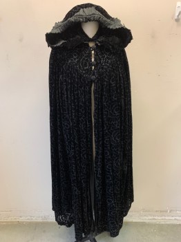 Womens, Historical Fiction Cape, MTO, Black, Rayon, Silk, Floral, M/L, Made To Order, Floral Burn Out Velvet, Yoke with Gathers, 4 Large Buttons, Self Lined Hood with Gathered Silk Border. Lined, 1600s