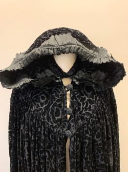 Womens, Historical Fiction Cape, MTO, Black, Rayon, Silk, Floral, M/L, Made To Order, Floral Burn Out Velvet, Yoke with Gathers, 4 Large Buttons, Self Lined Hood with Gathered Silk Border. Lined, 1600s