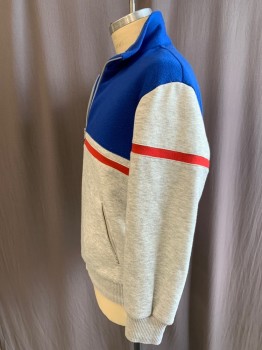 Mens, Athletic, MTO, Blue, Gray, Red, Cotton, Solid, M, Jacket, Reproduction, Zip Front, C.A., Red Stripes on Arm & Torso