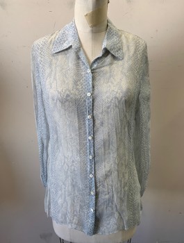 ELIE TAHARI, Slate Blue, Off White, Silk, Reptile/Snakeskin, Snakeskin Pattern Sheer Chiffon, Long Sleeves, Button Front, Collar Attached