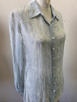 ELIE TAHARI, Slate Blue, Off White, Silk, Reptile/Snakeskin, Snakeskin Pattern Sheer Chiffon, Long Sleeves, Button Front, Collar Attached
