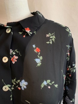H&M, Black, Green, Coral Orange, Baby Blue, Lt Peach, Polyester, Floral, Collar Attached, Button Front, Short Sleeves, Sheer