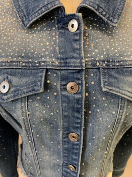 I.N.C, Blue, Poly/Cotton, Spandex, Faded, Button Front, C.A., 4 Pockets, Embellished Rhinestones, Distressed Hem