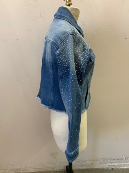 Womens, Jean Jacket, I.N.C, Blue, Poly/Cotton, Spandex, Faded, S, Button Front, C.A., 4 Pockets, Embellished Rhinestones, Distressed Hem