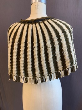 Womens, Cape 1890s-1910s, N/L, Beige, Olive Green, Wool, Acrylic, Stripes, O/S, Capelet, Striped, Aged/Distressed,  Black Ribbon Tie Closure, Fringe Ends