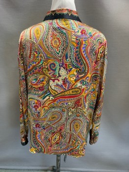 COREY B, Red, Beige, Forest Green, Goldenrod Yellow, Black, Silk, Paisley/Swirls, Abstract , Satin, C.A., B.F., L/S, Shoulder Pads, Black Border On Collar/CF Placket/Cuffs, Matching Black Covered Btns