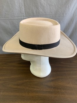 Mens, Cowboy Hat, GOLDEN GATE HAT CO, Taupe, Black, Wool, Solid, Color Blocking, 7 5/8, Telescope Crown, Black Grosgrain Band with Bow