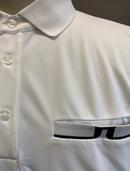 J.LINDEBERG, White, Polyester, Solid, Stretchy Material, Short Sleeves, Navy Accent at Sleeves and 1 Welt Pocket, Rib Knit Collar Attached, 3 Button Placket, for Golf, Multiples