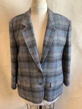 PENDLETON, Gray, Dk Gray, Turquoise Blue, Purple, Wool, Plaid, Single Breasted, Notched Lapel, 2 Buttons, 2 Flap Pockets