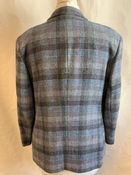 PENDLETON, Gray, Dk Gray, Turquoise Blue, Purple, Wool, Plaid, Single Breasted, Notched Lapel, 2 Buttons, 2 Flap Pockets