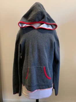 Q&A, Gray, Red, Cotton, Polyester, Solid, Red Trim, Hood Attached, 1 Large Pckt,