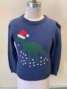 TUCKER & TATE, French Blue, Dk Olive Grn, Multi-color, Cotton, Acrylic, Animals, Holiday, L/S, CN, TRex In A Santa Hat With Snow Design, Multicolorred Speckles, Rib Knit Trim