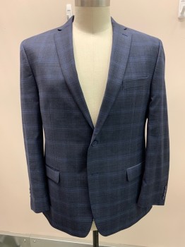 COLLECTION, Navy Blue, Midnight Blue, Wool, Plaid, Single Breasted, 2 Buttons, 3 Pockets, Notched Lapel, Double Vent