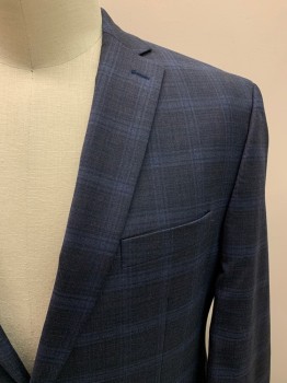 COLLECTION, Navy Blue, Midnight Blue, Wool, Plaid, Single Breasted, 2 Buttons, 3 Pockets, Notched Lapel, Double Vent