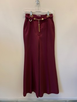 ZIMMERMANN, Red Burgundy, Wool, Viscose, Solid, F.F, Zip Fly, Pleat Down Legs, 4 Pockets, Wide Leg, Matching Belt with Gold Chain And Tassel,