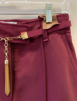 ZIMMERMANN, Red Burgundy, Wool, Viscose, Solid, F.F, Zip Fly, Pleat Down Legs, 4 Pockets, Wide Leg, Matching Belt with Gold Chain And Tassel,