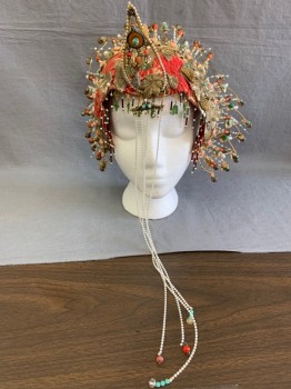 Unisex, Historical Fiction Headpiece, HARRY ROTZ, Red, Gold, Green, White, Pink, Beaded, Silk, Asian Inspired Theme, Beaded Wire Crown, Beaded Fringe, Real Bits of Hand Carved Jade, Cascading Strands of Mini Pearls Center Front, in Need of some Loving Care, Fragile