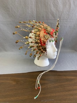 Unisex, Historical Fiction Headpiece, HARRY ROTZ, Red, Gold, Green, White, Pink, Beaded, Silk, Asian Inspired Theme, Beaded Wire Crown, Beaded Fringe, Real Bits of Hand Carved Jade, Cascading Strands of Mini Pearls Center Front, in Need of some Loving Care, Fragile