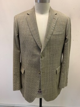 JOHN NORDSTROM, Tan Brown, Lt Blue, Dk Gray, Silk, Wool, Houndstooth, Single Breasted, 2 Buttons, 3 Pockets, Notched Lapel, Single Vent, Tortoise Shell Buttons