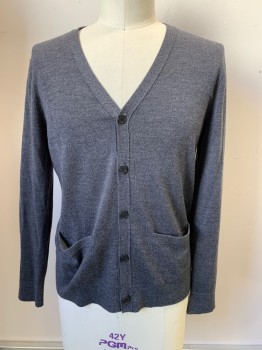 BANANA REPUBLIC, Charcoal Gray, Wool, Solid, L/S, V Neck, Button Front, Top Pockets